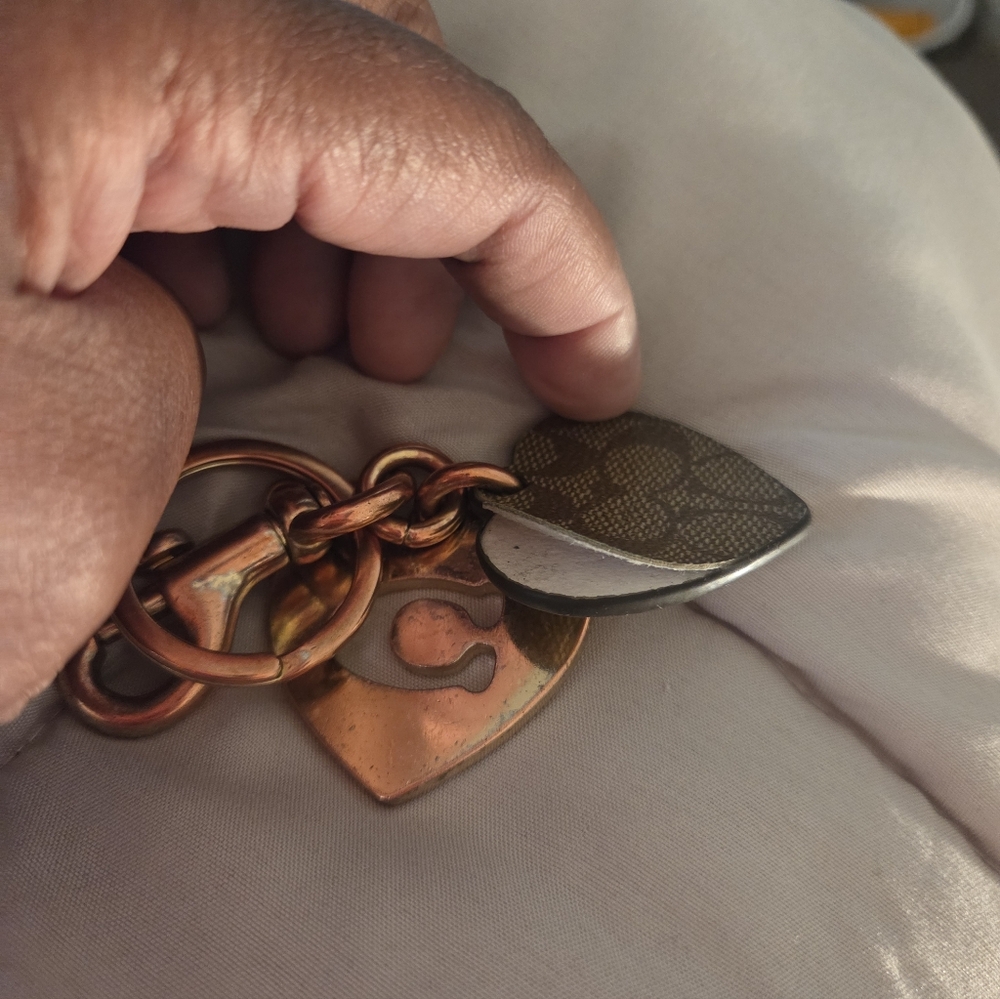 Coach Dual Heart Keychain in Brown and Gold - Picture 4 of 6